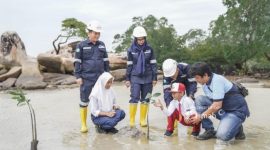 PT Timah komitmen menjaga pelestarian lingkungan dengan mendidik pelajar Sekolah Dasar menanam mangrove | Foto: Zonamu/Humas PT Timah
