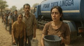 Ilustrasi warga mengantri air | Foto : Zonamu/AI