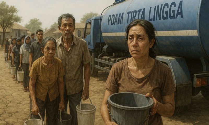 Ilustrasi warga mengantri air | Foto : Zonamu/AI