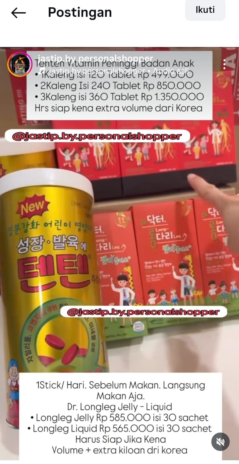 Postingan Jasa Titip Penipu, akun Instagram jastip.by.personalshopper saat memposting penawaran jasa titip pembelian vitamin peninggi badan anak (Tenten) yang berasal dari negara Korea | Foto: Istimewa