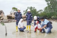 Perwakilan PT Timah Tbk memberikan pendampingan kepada siswa dalam teknik penanaman mangrove yang benar | Foto: Zonamu/Humas PT Timah
