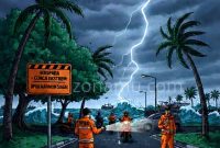 Ilustrasi: Langit mendung gelap, pohon-pohon meliuk ditiup angin kencang, dan siluet warga yang berhati-hati. Di latar depan, sebuah tanda peringatan BPBD terpampang jelas. Petugas dengan seragam sigap tampak memantau kondisi | Foto: Istimewa