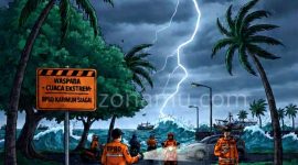 Ilustrasi: Langit mendung gelap, pohon-pohon meliuk ditiup angin kencang, dan siluet warga yang berhati-hati. Di latar depan, sebuah tanda peringatan BPBD terpampang jelas. Petugas dengan seragam sigap tampak memantau kondisi | Foto: Istimewa
