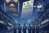 Ilustrasi: Suasana kota Tanjungpinang di malam hari dengan siluet masjid yang menenangkan, melambangkan kekhusyukan Ramadhan yang dijaga melalui kebijakan baru pemerintah kota | Foto: Zonamu/Istimewa