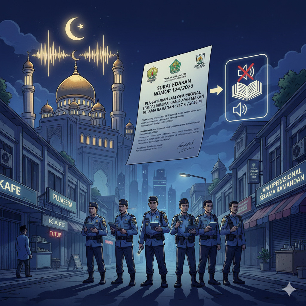 Ilustrasi: Suasana kota Tanjungpinang di malam hari dengan siluet masjid yang menenangkan, melambangkan kekhusyukan Ramadhan yang dijaga melalui kebijakan baru pemerintah kota | Foto: Zonamu/Istimewa