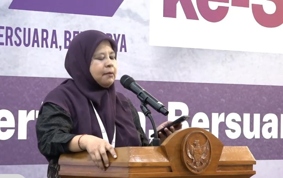 Ketua Umum AJI Nany Afrida saat melaksanakan giat resepsi peringatan HUT ke-32 AJI di Hall Dewan Pers, Jakarta | Foto : Zonamu/Ist