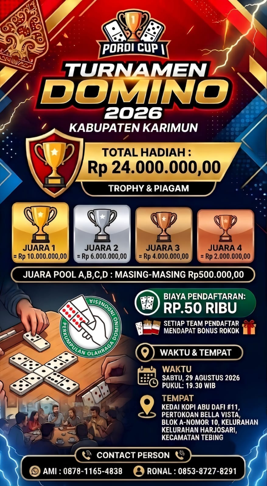 Flyer resmi gelaran Turnamen Domino Pordi Cup I 2026 Kabupaten Karimun. Kegiatan berlangsung mulai 29 Agustus hingga 26 September 2026 di Kedai Kopi Abu Dafi #11 | Foto: Zonamu/Pordi Karimun