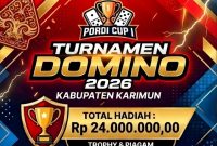 Flyer resmi gelaran Turnamen Domino Pordi Cup I 2026 Kabupaten Karimun. Kegiatan berlangsung mulai 29 Agustus hingga 26 September 2026 di Kedai Kopi Abu Dafi #11 | Foto: Zonamu/Pordi Karimun