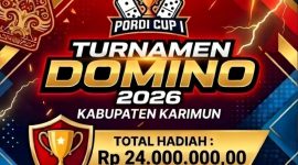 Flyer resmi gelaran Turnamen Domino Pordi Cup I 2026 Kabupaten Karimun. Kegiatan berlangsung mulai 29 Agustus hingga 26 September 2026 di Kedai Kopi Abu Dafi #11 | Foto: Zonamu/Pordi Karimun
