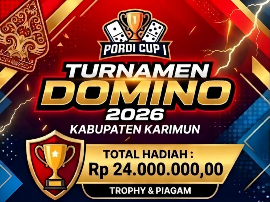 Flyer resmi gelaran Turnamen Domino Pordi Cup I 2026 Kabupaten Karimun. Kegiatan berlangsung mulai 29 Agustus hingga 26 September 2026 di Kedai Kopi Abu Dafi #11 | Foto: Zonamu/Pordi Karimun