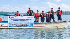 PT Timah Tbk Division Kundur Area bersama Pemerintah Desa Gemuruh dan nelayan setempat melepas 1.000 bibit kepiting bakau di perairan Kundur, Kepulauan Riau | Foto: Zonamu/Humas PT Timah